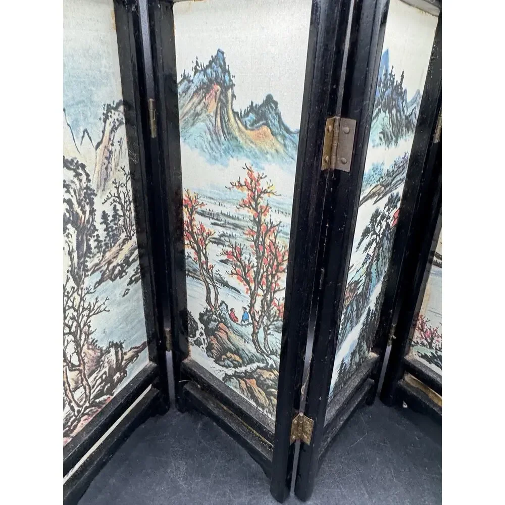 Vintage Asian Style 4 Panel Folding Doll House Screen Hand Painted Landscape